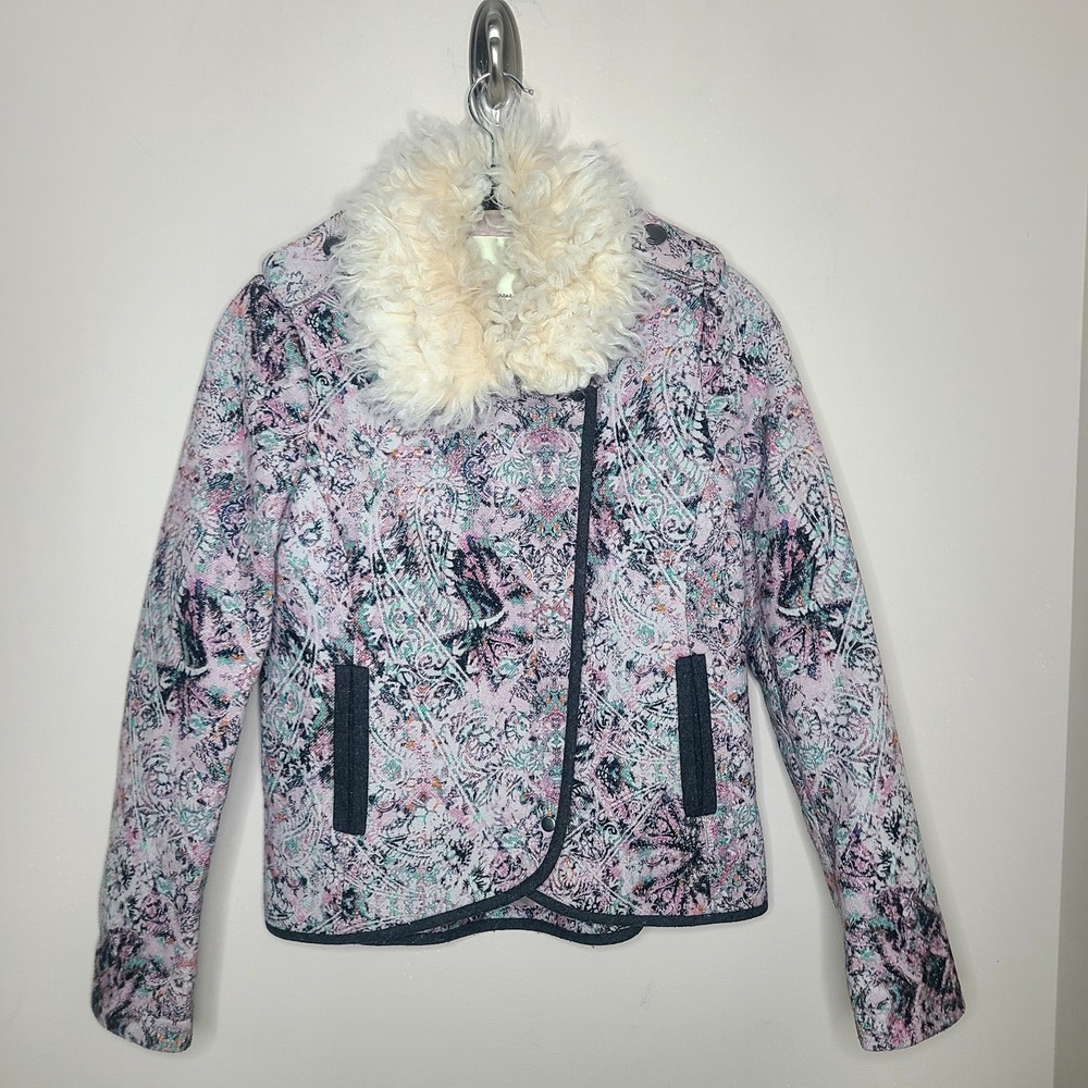 Elevenses Anthropologie Faux Fur Collar Moto Jacket 2 Pink Paisley Fairy Grunge